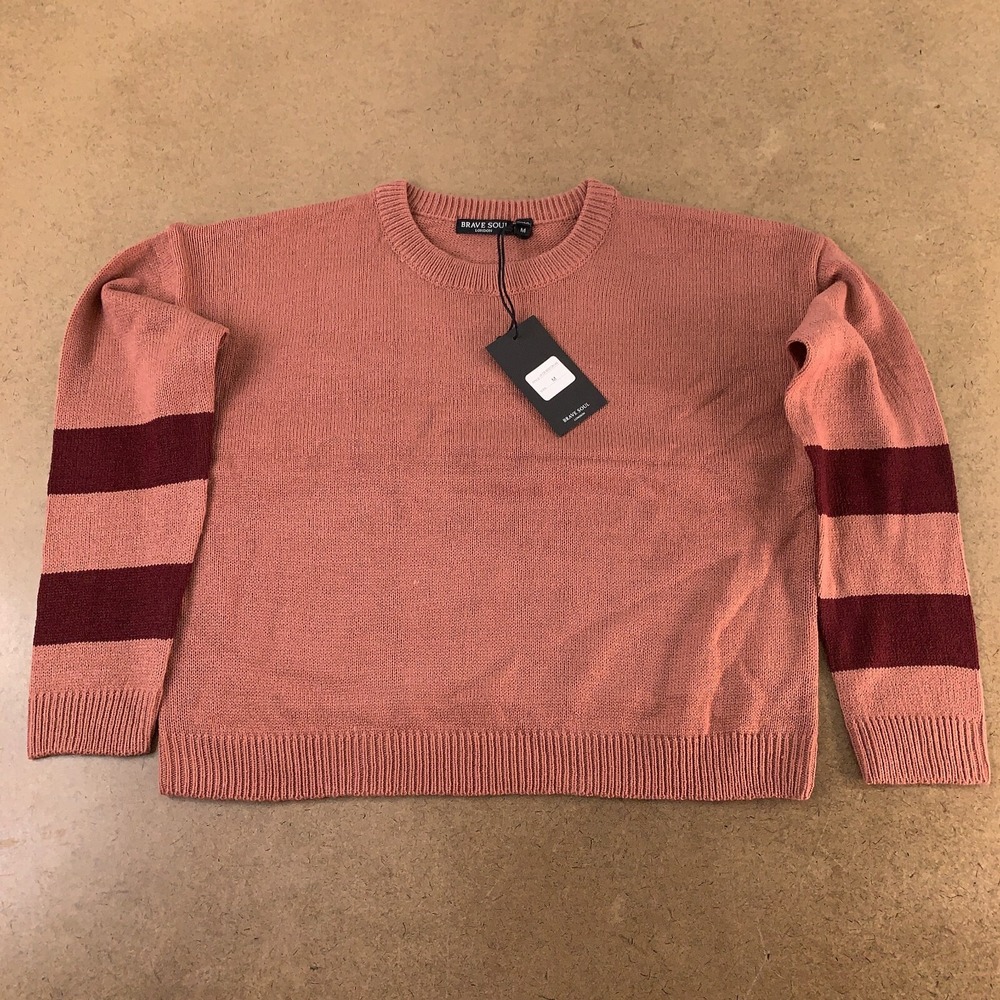 Brave Soul Women's Medium Rose Pink Boston Stripe Sleeve Pullover Sweater NWT